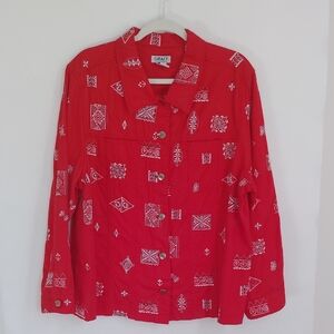 VTG Graff by Um Company Womens Red Jean Jacket Sz XL Embroidery Beads Holiday